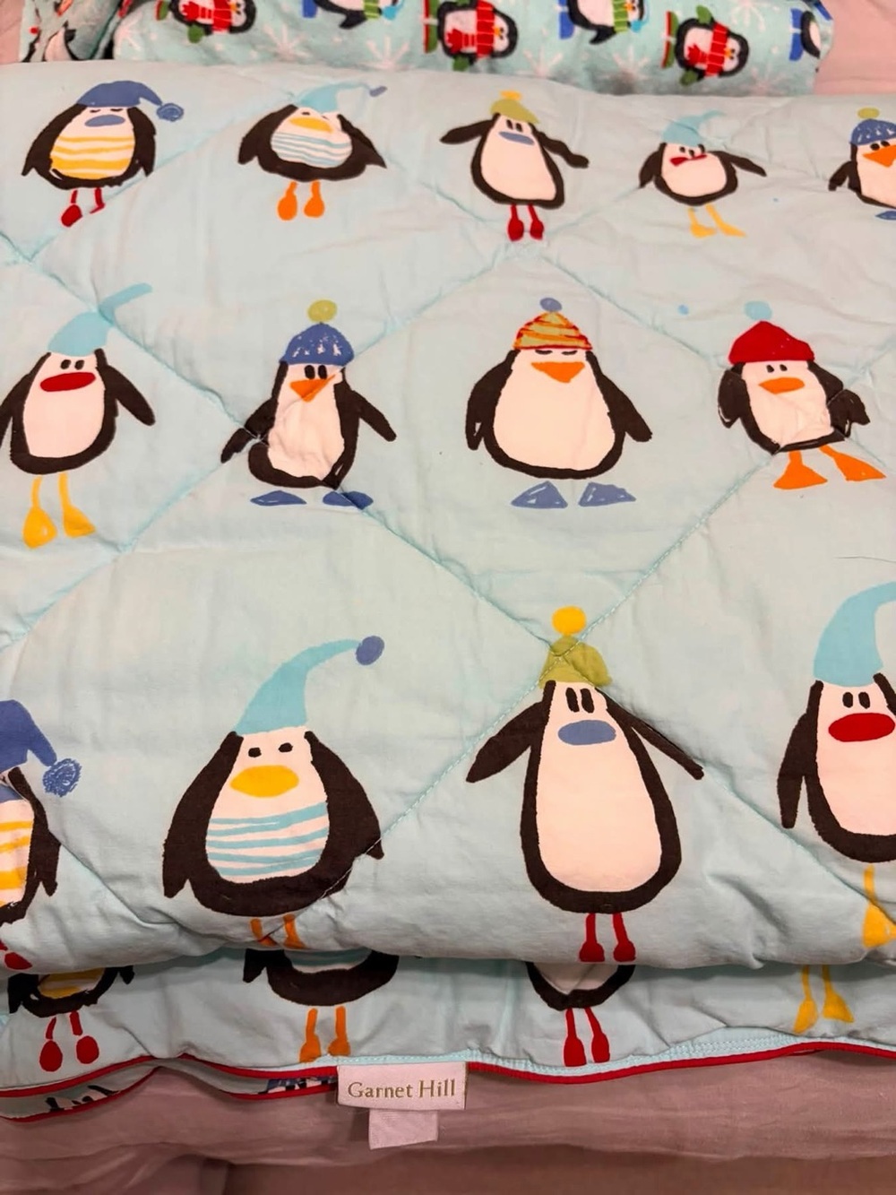 Garnet Hill Light Blue Penguin Posse Pattern Quilt Throw so cozy!! 68x49